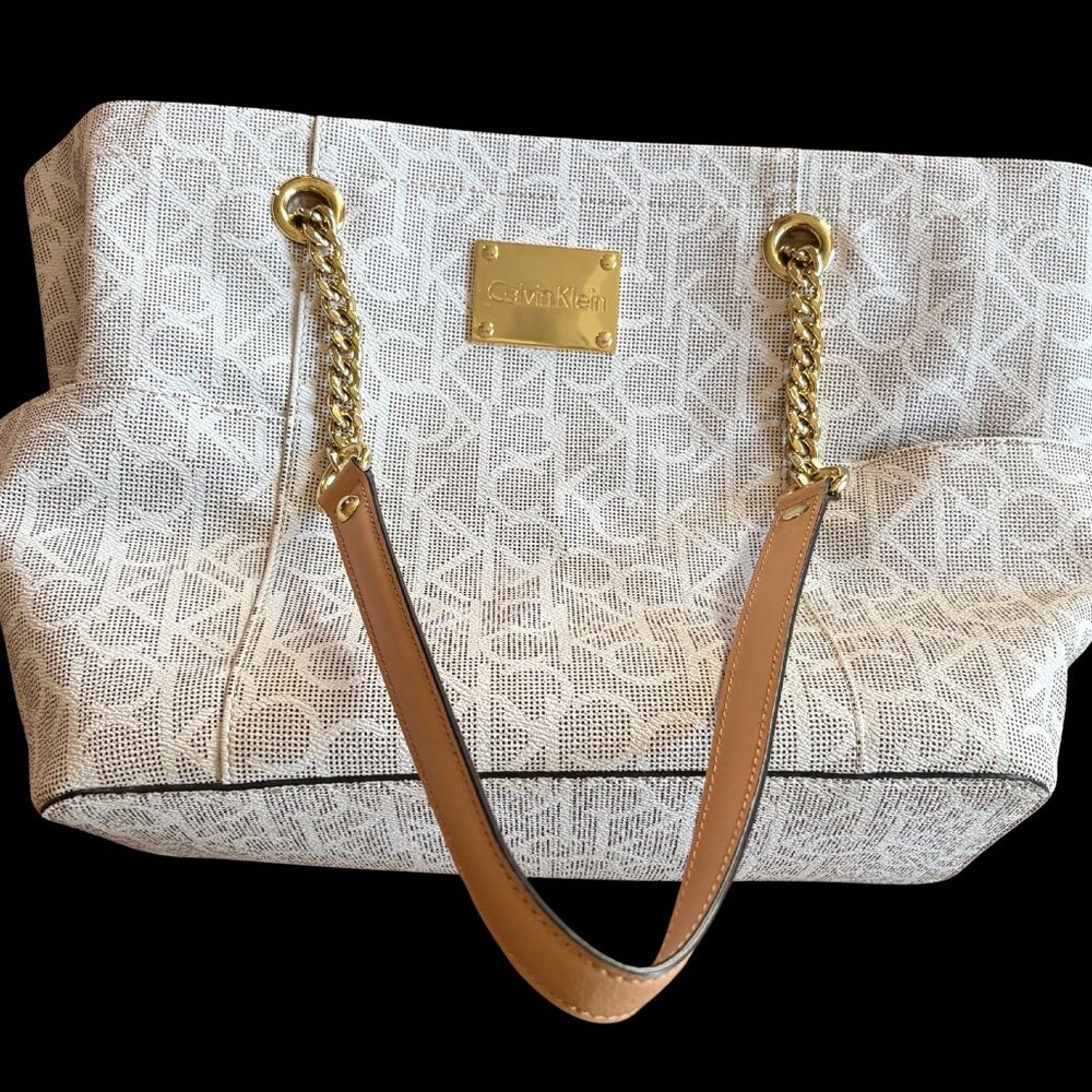 Calvin Klein CK Large Designer Purse Chain Tote White Tan Logo Monogram Hayden L